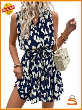 Sleeveless V Neck Wrap A Line Flowy Belted Summer Dress